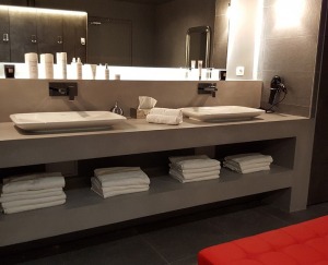 plan de salle de bain, étagères tout en béton déco